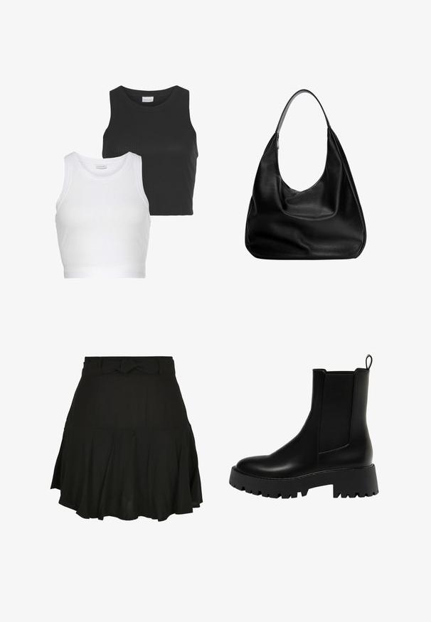 Due top a coste, uno nero e uno bianco, con scollatura rotonda e senza maniche. Ognuno presenta una silhouette aderente e una texture morbida.; Gonna nera con design svasato, dotata di un dettaglio in vita annodato e tessuto leggero, creando morbidi drappeggi all'orlo.; Stivale alla caviglia in pelle nera con pannello laterale testurizzato, punta tonda e suola platform spessa con motivo a zigzag.; Borsa hobo in pelle nera con design morbido, ampia tracolla e texture liscia. Presenta una chiusura con zip laterale.