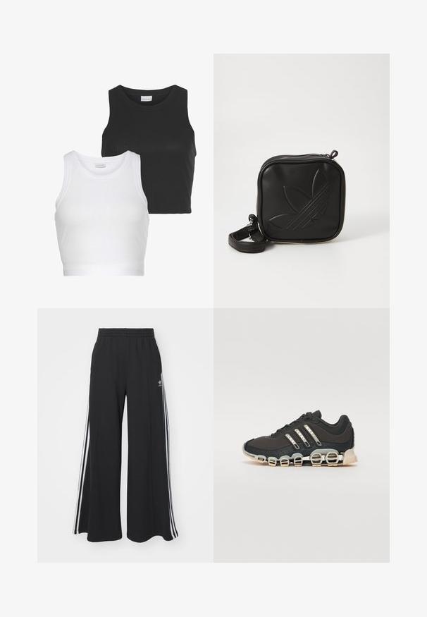 Two ribbed crop tops in black and white, featuring a round neckline and sleeveless design. Each has a fitted silhouette and soft texture.; Black wide-leg sweatpants with an elastic waistband, featuring white side stripes and an embroidered logo on the left thigh.; Black athletic shoe with a textured upper, three silver stripes, and a distinctive cushioning sole featuring multiple integrated sections.; Black square crossbody bag made of textured synthetic material. Features an embossed logo design and adjustable strap. Zipper closure.