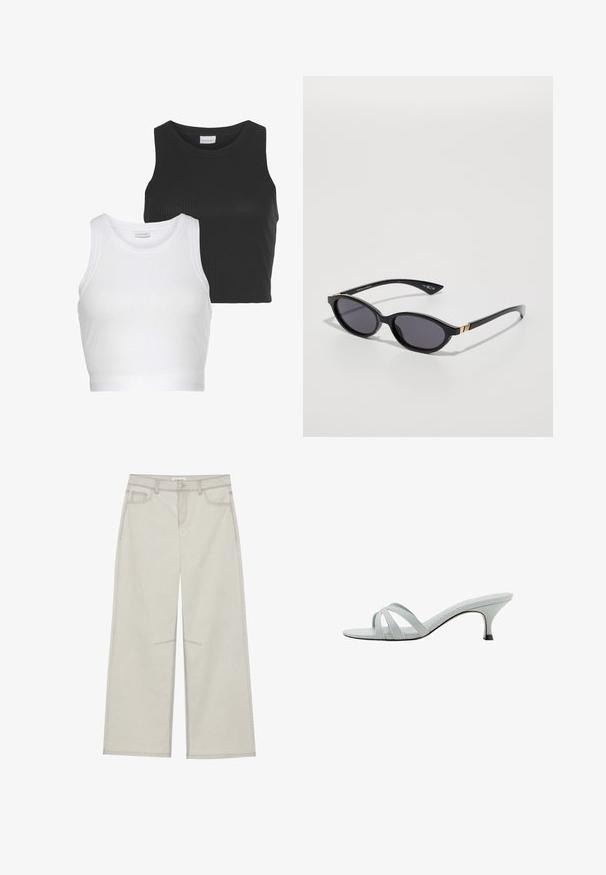 Dwa prążkowane topy w kolorach czarnym i białym, z okrągłym dekoltem i bez rękawów. Każdy z nich ma dopasowany krój i miękką fakturę.; Jasnoszare spodnie szerokie w nogawkach z pięcioma kieszeniami, zapinane na guzik z przodu, z kontrastującymi szwami. Materiał wydaje się miękki i trwały.; Jasnoszare sandały na obcasie z trzema krzyżującymi się paskami, o smukłym profilu i zwężanym obcasie. Gładka faktura z lekko błyszczącym wykończeniem.; Czarne okulary przeciwsłoneczne z owalnymi soczewkami, ciemnym gradientowym przyciemnieniem i cienkimi ramionami z subtelnymi złotymi akcentami. Gładkie, plastikowe wykończenie.