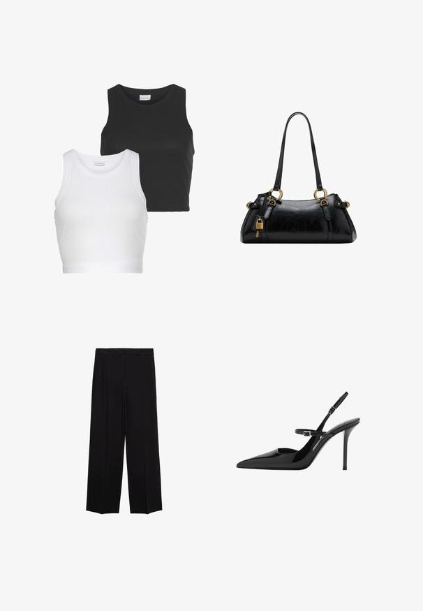 Due top a coste, uno nero e uno bianco, con scollatura rotonda e senza maniche. Ognuno presenta una silhouette aderente e una texture morbida.; Pantaloni neri a gamba larga in tessuto morbido, con pieghe nella parte frontale e tasche laterali, progettati con una linea dritta e comoda.; Slingback in vernice nera con tacco a stiletto, punta affusolata e cinturino regolabile. Superficie liscia con finitura lucida.; Borsa a mano in pelle nera con una texture liscia, forma arrotondata, dettagli in hardware dorato e doppi manici. Presenta un lucchetto decorativo sul lato.