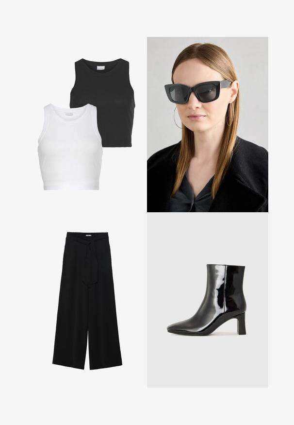 Two ribbed crop tops in black and white, featuring a round neckline and sleeveless design. Each has a fitted silhouette and soft texture.; Black wide-leg pants featuring a textured fabric, an elastic waistband, and a detachable sash tie at the waist for adjustable fit.; Black patent leather ankle boot with a pointed toe and a mid-height block heel. Smooth texture and minimalist design.; Black cat-eye sunglasses with dark lenses, thick frames, and subtle accents. Worn with a black coat and gray top, featuring long straight hair.