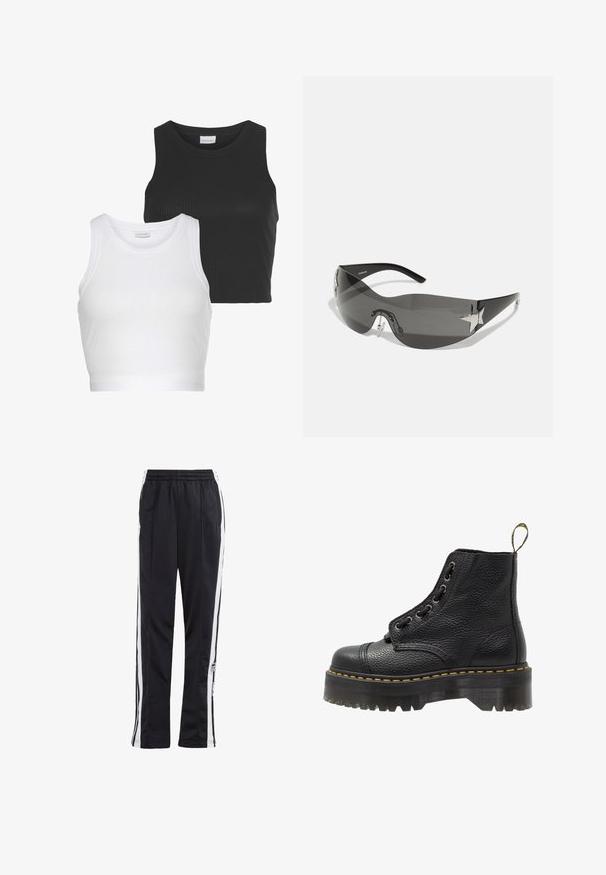 To ribbede crop tops i sort og hvid, med rund halsudskæring og ærmeløs design. Hver af dem har en tætsiddende silhuet og blød tekstur.; Sorte træningsbukser med hvide sidelister, elastisk talje og et logo-patch. Fremstillet af glat, letvægtsstof. Lige ben design.; Sorte læder ankelstøvler med tekstureret overflade, rund tå, snørebåndsdesign, gule stikninger og en tyk, rillet sort platformsål.; Sorte solbriller med wrap-around design, mørktonede linser, skinnende stjerneformede detaljer og justerbare næsepuder.; Even&Odd Håndtasker - black