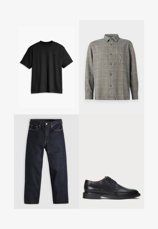 Juodas medvilnės marškinėliai su apvaliu kaklu ir trumpomis rankovėmis. Su subtiliu priekyje esančiu logotipu ir tiesia apatine dalimi. Paprastas ir minimalistiškas dizainas.; Ilgomis rankovėmis marškiniai su apykakle, bežės ir juodų langelių raštu, su priekinėmis krūtinės kišenėmis ant vientiso fono.; Tamsiai mėlynos džinsinės kelnės su tiesiu kirpimu, penkiomis kišenėmis, kontrastingomis oranžinėmis siūlėmis ir mygtukų užtrauktuku. Nėra matomų raštų ar papuošimų.; Juodas odinis suknių batelis su apvalia nosimi, raišteliais ir žemu, sukrautu kulnu. Lygus paviršius su minimaliais siuvinėjimo detalėmis.