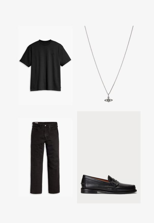 Melnas kokvilnas T-krekls ar apaļu apkakli un īsām piedurknēm. Iekļauj diskretu priekšējo logotipu un taisnu apakšmali. Vienkāršs un minimālistisks dizains.; Melnas taisnās kājas džinsu bikses ar piecām kabatām, pogu aizdari un jostas cilpām, izliktas uz balta fona.; Melnas ādas loafers ar noapaļotu purngalu, šuvju apdari un dekoratīvu joslu priekšā. Plakana zole ar minimālu profilu.; Sudraba ķēdes kaklarota ar detalizētu piekariņu, kas veidots planētas formā, kas rotāta ar maziem akcentiem un sarežģītiem rakstiem.