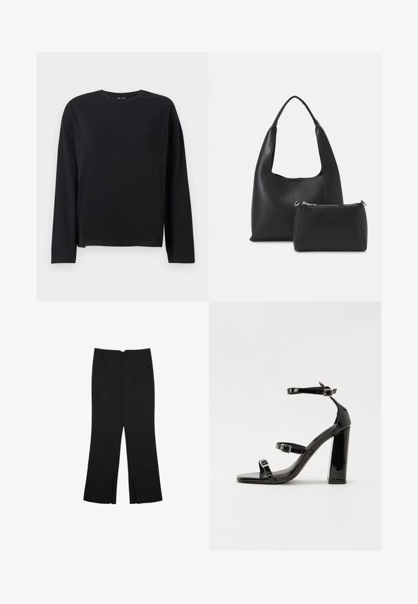 Črna dolga majica z dolgimi rokavi iz mehke tkanine, z okroglim izrezom, sproščenim krojem in ravnim robom z minimalnimi šivi.; Črne hlače ravnega kroja z naglavnimi žepi in stranskimi razporki na robu. Narejene iz mehke, gladke tkanine. Primerne za različne priložnosti.; Črne lakaste sandale z visokimi petami, z dvema trakovoma z zaponkama, kvadratnim sprednjim delom in masivno širšo peto, z gladko, sijočo teksturo.; Even&Odd Torbica - black