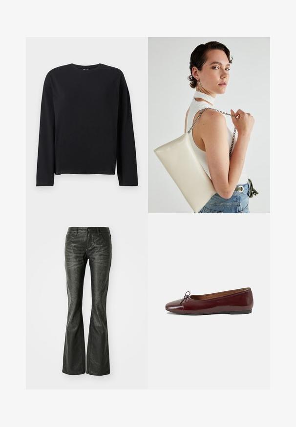 Svart langermet t-skjorte laget av myk stoff, med rund hals, avslappet passform og rett nederkant med minimale søm detaljer.; Sorte falske skinn flared jeans med frontlommer, metallknapplukking og en lett teksturert overflate. Rett ben med lang kutt.; Burgunderrød lakk lær ballettleilighet med rund tå, liten sløyfe foran og en lav, svart gummisåle. Glatt tekstur.; Hvit rektangulær clutch-veske laget av blankt materiale, med en sølvkjede-stropp. Modellen poserer og viser vesken mot en ensfarget bakgrunn.