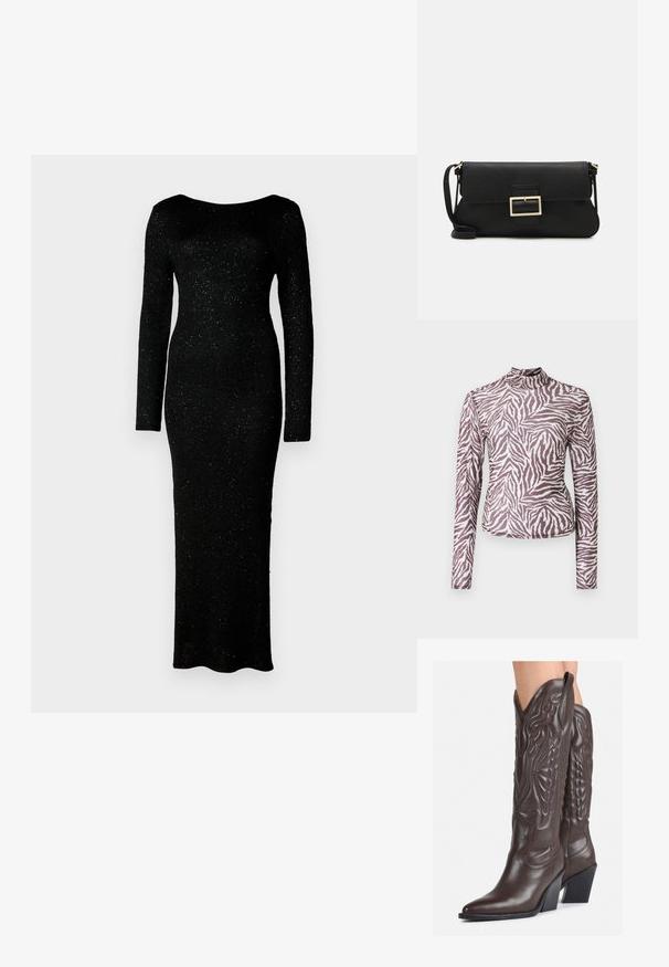 Tricou cu maneci lungi dintr-un material semi-transparent, având un model cu dungi de zebra maro și alb, cu guler înalt și un croi slim.; Rochie neagră cu mânecă lungă, confecționată dintr-un material texturat, cu o formă ajustată și un design până la podea, având sclipiri subtile pe întreaga suprafață.; Bocanci de cowboy din piele maro, cu vârf ascuțit și toc pătrat, având cusături detaliate și accente ridicate pe tijă.; Geantă de mână din piele neagră, cu clapetă și un detaliu din metal auriu. Include o curea neagră și un design elegant, minimalist.