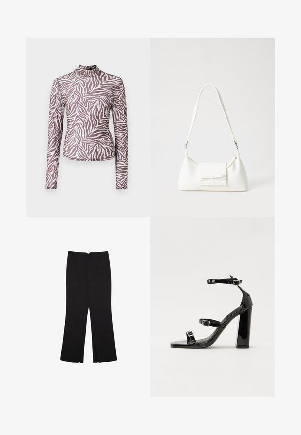 Long-sleeve top in semi-sheer fabric, featuring a brown and white zebra stripe pattern, with a high neck and slim fit design.; Black trousers with a straight fit, featuring front pockets and side slits at the hem. Made of soft, smooth fabric. Suitable for various occasions.; Black patent heeled sandals with a square toe, ankle straps, and silver buckles. Features a chunky block heel for stability.; White synthetic handbag with a triangular shape, flat front flap and bow detail, adjustable strap, smooth texture, and minimalistic design.