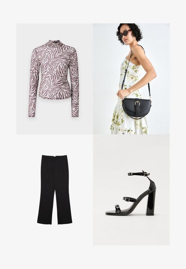 Langarmshirt aus halbtransparentem Material mit einem braun-weißen Zebramuster, hohem Kragen und schmaler Passform.; Schwarze Hose mit geradem Schnitt, ausgestattet mit Fronttaschen und Seitenschlitzen am Saum. Hergestellt aus weichem, glattem Stoff. Geeignet für verschiedene Anlässe.; Schwarze patentierte Sandalen mit Absatz, quadratischer Spitze, Knöchelriemen und silbernen Schnallen. Mit einem stabilen Blockabsatz für mehr Stabilität.; Schwarze Lederhandtasche mit geschwungener Form, abnehmbarem Tragegurt und goldenen Beschlägen. Die Tasche verfügt über einen Deckel mit einer Schnallen-Details.