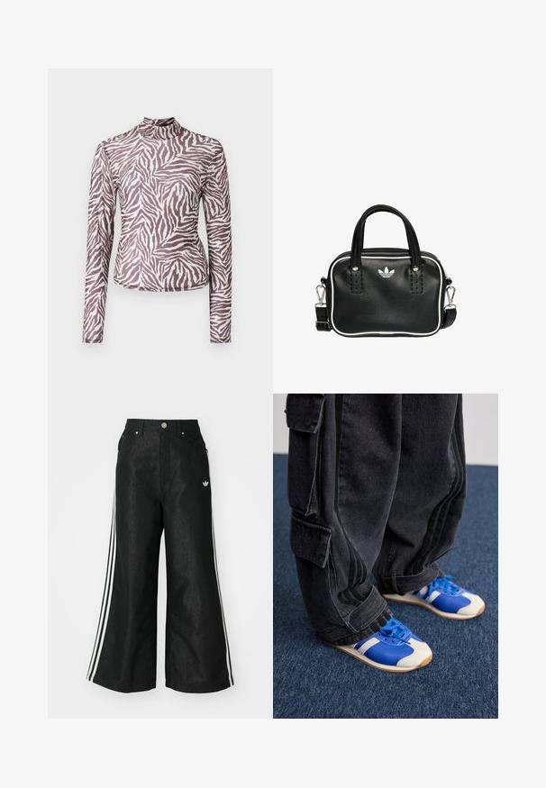 Maglietta a maniche lunghe in tessuto semitrasparente, con motivo a strisce zebra marroni e bianche, collo alto e design aderente.; Pantaloni in denim neri a gamba larga con tre strisce bianche su ciascun lato e un piccolo logo bianco. Presentano tasche frontali e chiusura con bottone.; Persona che indossa pantaloni cargo neri larghi e sneakers blu e bianche, in piedi su un tappeto blu scuro.; Borsa a mano in pelle nera con due manici corti, hardware argentato, dettagli bianchi e un logo bianco. Presenta una superficie strutturata e un design compatto.