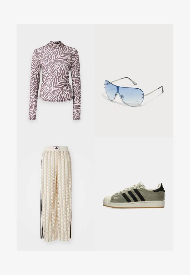 Top de manga larga en tejido semitransparente, con un patrón de rayas de cebra en marrón y blanco, con un cuello alto y diseño ajustado.; Pantalones de pierna ancha en color crema con un patrón en zigzag, que cuentan con una cinturilla con logo negro y franjas negras en los laterales. Tejido ligero y texturizado.; Zapatillas Adidas con parte superior metálica color oliva, tres rayas negras, puntera de goma y suela de goma. Diseño clásico con tejido texturizado.; Gafas de sol tipo aviador con lentes azul degradado, montura de metal plateado y acentos decorativos de estrellas en los lentes. Diseño suave y elegante.