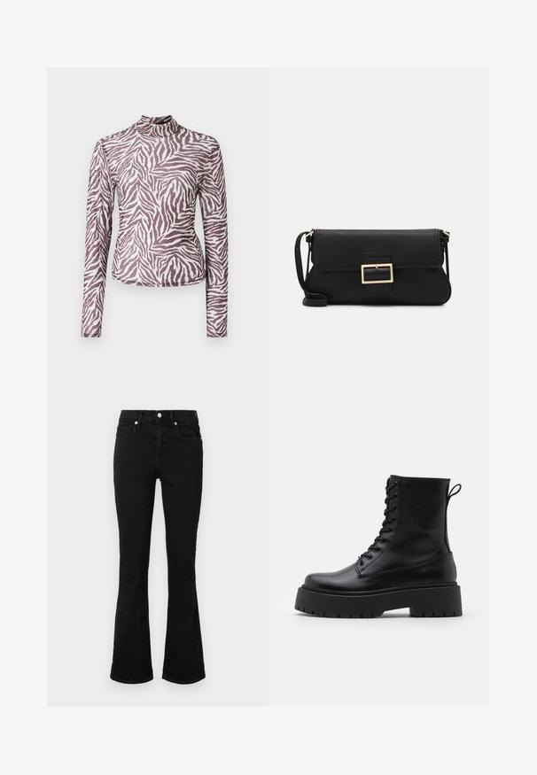 Langarmshirt aus halbtransparentem Material mit einem braun-weißen Zebramuster, hohem Kragen und schmaler Passform.; Schwarze Schlagjeans aus Denim, mit einem mittelhohen Bund, Fronttaschen und Knopfverschluss. Glatte Textur mit minimalen Nähten.; Schwarze Lederstiefeletten mit runder Zehenpartie, Schnürung vorne und einer dicken Gummisohle mit strukturiertem Profil. Mit Zugschlaufe an der Rückseite.; Schwarze Leder-Clutch mit Klappe und goldfarbenem Metallschnallen-Detail. Enthält einen schwarzen Riemen und ein schlankes, minimalistisches Design.