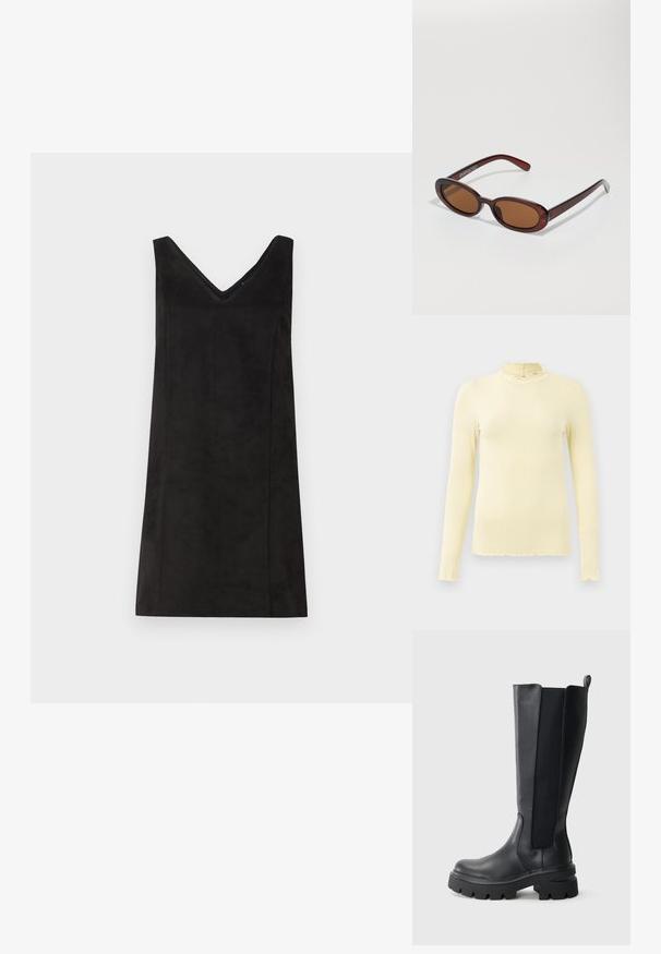 Langarmoberteil aus weichem Pastellgelb mit hohem Rüschkragen und gewelltem Saum; aus dehnbarem Stoff für Komfort gefertigt.; Schwarzes ärmelloses Kleid mit V-Ausschnitt, aus einem weich fließenden Material gefertigt, mit geradem Schnitt und minimaler Verzierung. Glatte Textur.; Schwarze kniehohe Stiefel mit einem glatten Lederoberteil und kontrastierenden elastischen seitlichen Einsätzen. Chunky Gummisohle mit ausgeprägtem Profil.; Runde, braun getönte Sonnenbrillen mit einem glänzenden burgunderfarbenen Rahmen. Schlanke Bügel mit dezentem Branding. Flaches Linsendesign.; Geflochtene burgunderfarbene Lederhandtasche mit runder Form, dickem Griff und Reißverschlussöffnung. Sie zeichnet sich durch eine glatte Textur und ein geflochtenes Muster aus.
