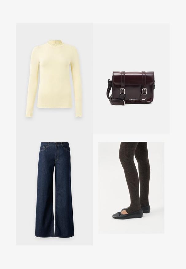 Langarmoberteil aus weichem Pastellgelb mit hohem Rüschkragen und gewelltem Saum; aus dehnbarem Stoff für Komfort gefertigt.; Weite Jeans in dunkelblauem Denim. Merkmale sind kontrastierende Nähte, fünf Taschen und ein Knopfverschluss an der Taille. Glatte Textur.; Schwarze flache Schuhe mit einem kleinen Schleifendetail an der Zehe, kombiniert mit dunkelbraunen gerippten Strumpfhosen. Die Schuhe haben eine glatte Textur und ein niedriges Profil.; Burgunderfarbene Patelleder-Crossbody-Tasche mit rechteckiger Form, zwei Riemen, silberfarbener Hardware und einem Klappenverschluss.
