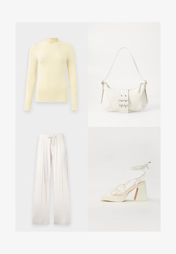Dlhý rukáv, rebrovaný top v mäkkej pastelovej žltej farbe s vysokým ruffled golierom a zvlneným lemom; vyrobený z elastického materiálu pre pohodlie.; Svetlobéžové tepláky z mäkkej tkaniny s nastaviteľným pásom, širokými nohavicami a vertikálnymi švami, s hladkým povrchom.; Biele sandále na vysokom opätku s hrubým podpätkom, s pruhovaným dizajnom a viazaním na členku. Hladký povrch s platformou vpredu pre zvýšenú výšku.; Biela taška cez rameno s textúrovaným povrchom, centrálnou prackou a zakriveným tvarom. Zipsy na oboch stranách.
