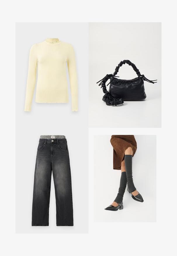 Long-sleeve, ribbed top in soft pastel yellow with a high ruffled collar and scalloped hem; made from stretchable fabric for comfort.; Black denim wide-leg jeans with a houndstooth patterned waistband. Features include front pockets and a button closure. Distressed texture.; Black patent leather pointed-toe shoes with a block heel and ankle strap, paired with gray ribbed leg warmers and a brown suede skirt.; Black faux leather handbag with a crocodile texture, cinched top, and a scrunched strap. Appears soft and compact in design.