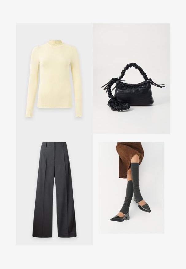 Dugih rukava, rebrast majica u mekom pastelno žutom s visokim nabranim ovratnikom i valovitim rubom; izrađena je od rastezljivog materijala za udobnost.; Hlače širokih nogavica u tamnosivoj tkanini, s visokim strukom, jednim naborom i glatkom teksturom s urednim završetkom na rubovima.; Crne lakirane cipele s šiljastim prstima, blok-petom i remenom oko gležnja, uparene s sivim rebrastim čarapama do koljena i smešnom suknjom od antilopa.; Crna torba od umjetne kože s teksturom krokodila, s cinčanim vrhom i naboranom trakom. Izgleda mekano i kompaktno u dizajnu.