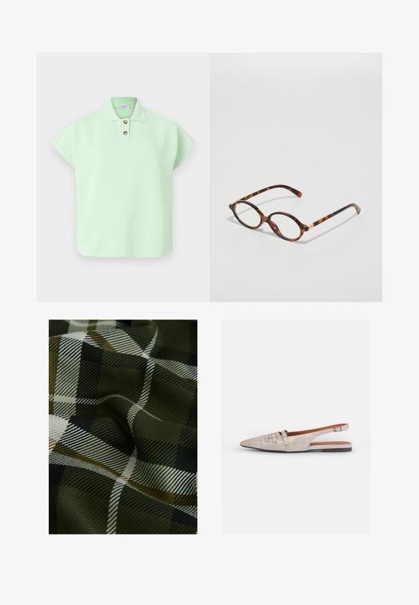 Hellgrünes Kurzarm-Polohemd mit einer Knopfleiste aus drei Knöpfen und weichem Material. Es hat einen klassischen Kragen und eine lockere Passform.; Gewebter Karostoff mit dunklem Grün, Schwarz und Weiß. Die Textur ist glatt mit einem weichen, gemusterten Finish.; Helle beige Slingback-Schuh mit spitzer Zehenpartie, weich samtiger Textur, ausgestattet mit zwei dekorativen Schnallen und einem niedrigen, flachen Absatz.; Schildpatt-Brillengestell mit ovalen Fassungen, klaren Gläsern und goldenen Akzenten. Verfügt über geschwungene Bügel und eine glatte, glänzende Oberfläche.; COACH BROOKLYN SHOULDER BAG 23 - Handtasche - maple