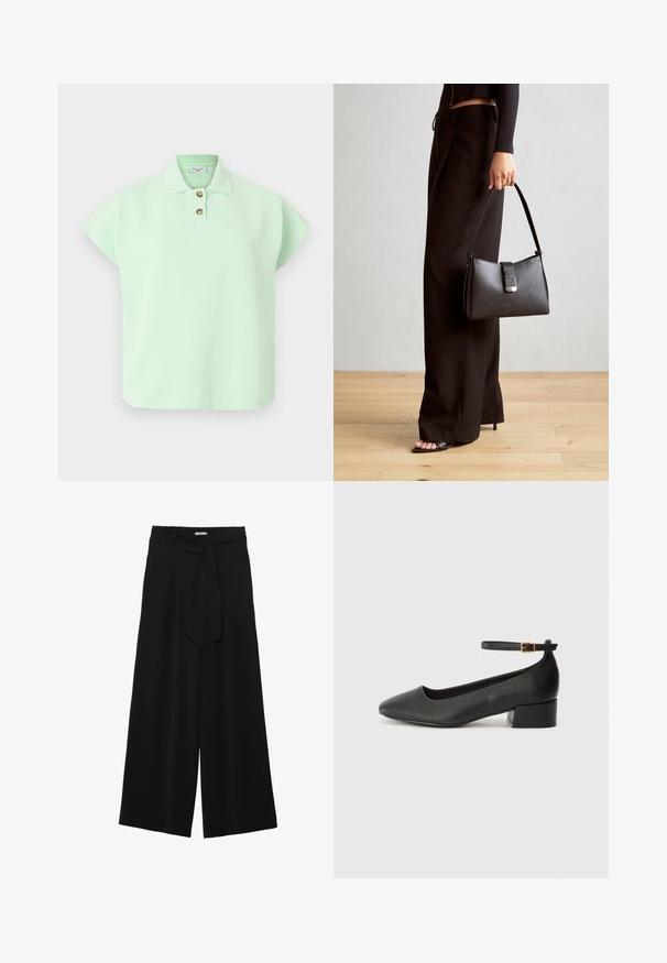 Hellgrünes Kurzarm-Polohemd mit einer Knopfleiste aus drei Knöpfen und weichem Material. Es hat einen klassischen Kragen und eine lockere Passform.; Schwarze weite Hosen aus strukturiertem Stoff, mit elastischem Bund und einem abnehmbaren Bindegürtel in der Taille für eine verstellbare Passform.; Schwarze Lederpumps mit spitzem Zehenbereich und niedrigem Blockabsatz. Mit einem Knöchelriemen und einer goldfarbenen Schnalle. Glatte Textur.; Schwarze Handtasche mit strukturierter Form, glatter Textur und einem metallischen Verschluss. Kombiniert mit weiten schwarzen Hosen und offenen Sandalen auf einem Holzboden.