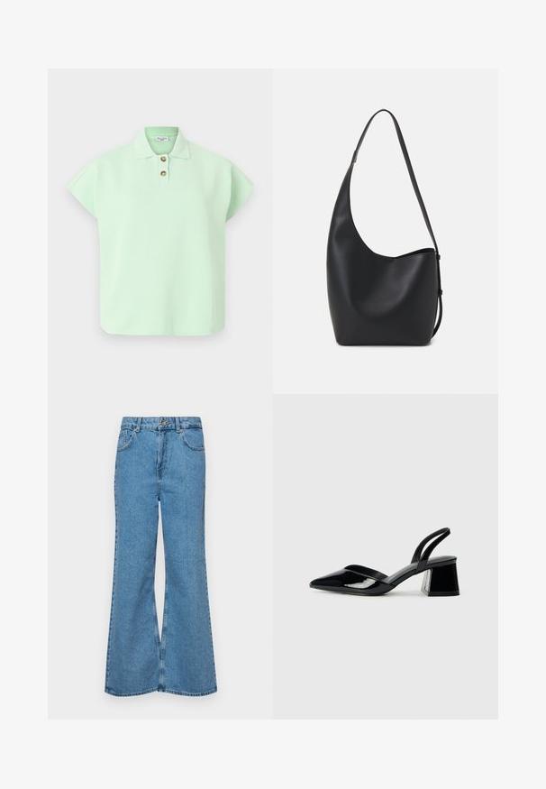 Polo de culoare verde deschis, cu mânecă scurtă, dotat cu o deschidere cu trei butoane și o textură moale. Prezintă un guler clasic și o croială lejeră.; Jeanși evazați de culoare albastru deschis, din denim, cu talie înaltă, cinci buzunare și închidere cu un singur buton. Textură moale cu un finisaj decolorat.; Pantofi cu toc slingback din piele lacuită neagră, cu vârf ascuțit și toc geometric. Prezintă un design elegant, minimalist și o textură netedă.; Geantă hobo din piele neagră, cu o textură netedă, formă curbată și un singur bretele ajustabil; are o deschidere largă în partea de sus.