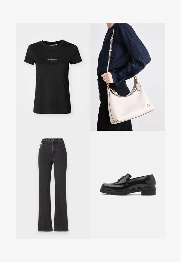 Černé bavlněné tričko s kulatým výstřihem. Na hrudi je vyšité logo "Calvin Klein Jeans" v šedé barvě. Krátké rukávy.; Černé vysoké rozšířené džíny z denimu, se zapínáním na knoflík, poutky na opasek a bočními kapsami. Hladká textura s minimálním vyblednutím.; Černá leštěná kožená mokasína s nízkým blokovým podpatkem, šitým špičkou a kovovým detailem s přezkou na vršku, znázorněná v bočním profilu na bílém pozadí.; Béžová kožená kabelka s tmavým lemem, zakřiveným tvarem, zlatým kováním a odnímatelným popruhem, držena po boku proti tmavému oblečení.