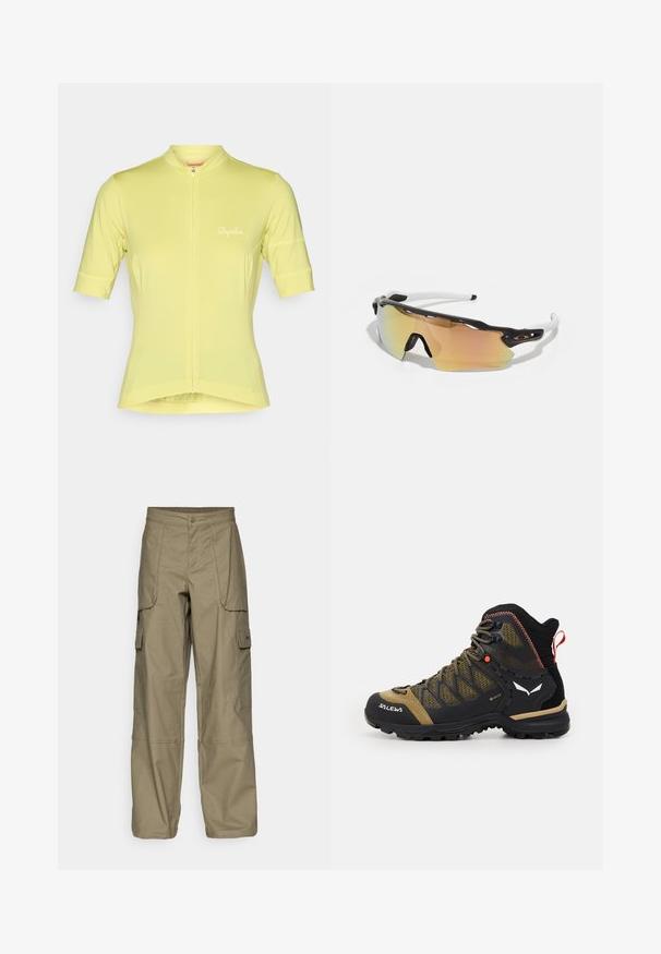Maillot de cyclisme à manches courtes en jaune clair, doté d'un zip partiel à l'avant et d'un logo "Rapha" réfléchissant sur la poitrine. Tissu lisse et extensible.; Pantalons cargo en tissu vert olive, avec une coupe ample, plusieurs poches latérales et une fermeture à bouton à la taille. Texture lisse.; Botte de randonnée mi-hauteur en noir et vert olive, dotée d'une tige en mesh, d'une semelle en caoutchouc et d'accents texturés avec une languette à l'arrière.; Lunettes de soleil avec une monture noir et blanc, de grandes lentilles réfléchissantes aux nuances dorées et roses, un design aérodynamique et un bord extérieur élargi.