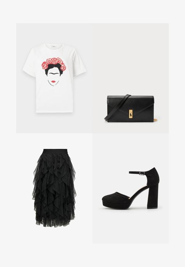 Witte katoenen t-shirt met een grafisch ontwerp van een gezicht met zwart haar en een bloemenkrans van rode rozen, met rode lippen en eenvoudige lijntekeningen.; Zwarte midi-jurk gemaakt van gelaagd tule met een ruchesontwerp. Heeft een elastische tailleband. Transparante stof voegt textuur en beweging toe.; Zwarte suède plateauhakken met een dikke blokhak, ronde neus en enkelbandje dat is beveiligd met een metalen gesp. Zachte textuur overal.; Zwarte leren portemonnee met een opklapbare flap, gouden hardware en een logo-accent. Inclusief een afneembare strap voor het dragen.