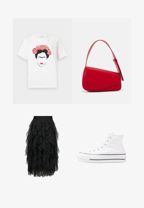 Λευκό βαμβακερό t-shirt με γραφικό σχέδιο προσώπου με μαύρα μαλλιά και ανθισμένο στεφάνι από κόκκινες τριαντάφυλλες, με κόκκινα χείλη και απλή γραφική τέχνη.; Μαύρη midi φούσα φτιαγμένη από διαστρωμένο τούλι με φουσκωτό σχέδιο. Διαθέτει ελαστική μέση. Η διαφανής ύφανση προσθέτει υφή και κίνηση.; Λευκό ψηλό καμβαδάκι αθλητικό παπούτσι με μαύρη καουτσούκ σόλα, πρόσθιο καουτσούκ καλύμματος δακτύλου και έξι οπές για κορδόνια, με μια καθαρή και μίνιμαλ σχεδίαση.; Κόκκινη δερμάτινη τσάντα χειρός με γωνιακό, γεωμετρικό σχέδιο. Διαθέτει έναν ρυθμιζόμενο ιμάντα και κλείσιμο με καπάκι που έχει ραφές.