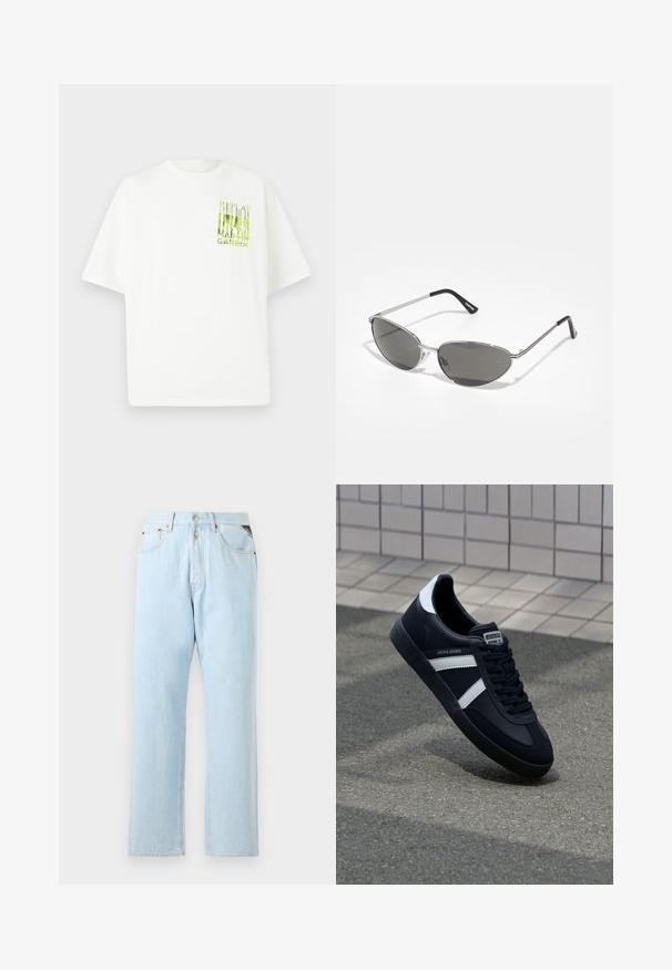 Valge Oversize T-särk, mis on valmistatud puuvillast, esiküljel rohelise graafika prindiga "REPLAY MARTIN GARRIX". Lühikesed varrukad ja ümmargune kaelus.; Heledsinised teksad sirge säärega disainiga. Omab nupuvärviga ja tõmblukuga sulgemist, viit taskut ja kontrastset õmblust.; Must have musta sneaker musta valgete triipudega, tekstuurne kummitald ja nööridega esiosa. Omab bränditud märki keele peal.; Prillispid prillid, millel on peen hõbedane metallraam, hallid toonitud läätsed ja aerodünaamiline disain, millel on teravad servad ja õhukesed varred.