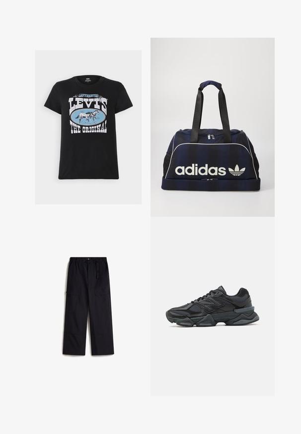 Levi's® THE PERFECT TEE - Triko s potiskem - black; Černé cargo kalhoty s elastickým pasem, nastavitelným opaskem a dvěma bočními kapsami. Vyrobeny z lehké, texturované látky.; Černá běžecká bota s kombinací síťoviny a syntetických materiálů, masivní podešev, zakřivený design a výrazné logo na boku.; Námořnická taška typu duffel s bílým logem Adidas, vybavená zipovým uzávěrem, dvěma pevnými černými madly a bočními síťovanými kapsami. Hladká textilie.