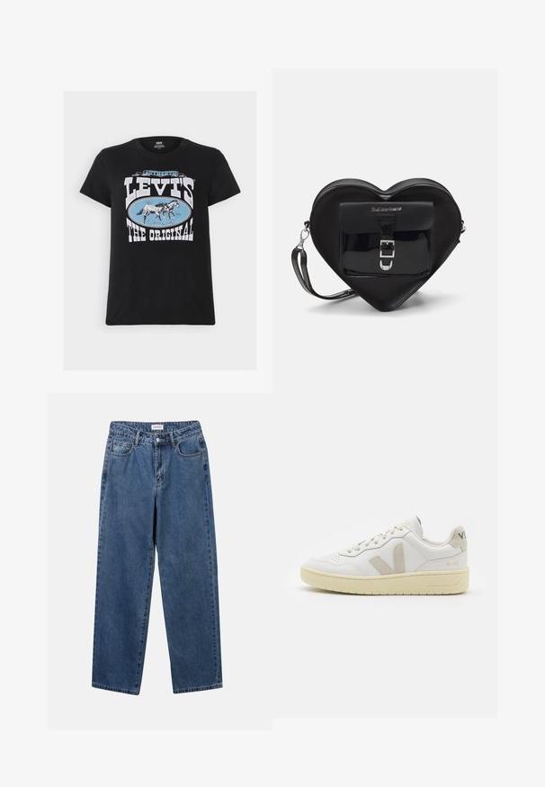 Levi's® THE PERFECT TEE - Printtipaita - black; Classiset siniset farkut suoran lahkeen muotoilulla, viidellä taskulla ja napillakaan. Ominaisuudet: keskivahva pesu ja kestävä rakenne.; Valkoiset nahkakengät, joissa on vaaleanruskeat pigmenttisuojat, rei'itetty kärki, litteät nauhat ja teksturoitu kermaisa pohja. Takana on huomaamaton brändäys.; Mustan sydämenmuotoisen laukun, joka on valmistettu lakatun nahasta, etupussissa on solki sulkeminen ja irrotettava hihna. Hopeiset kivetekstit.