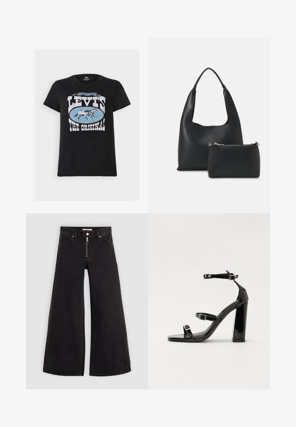 Levi's® THE PERFECT TEE - Tričko s potlačou - black; Dlhé nohavice vo voľnom strihu z čierneho denimu so zipsom vpredu, päť vrecúškovým dizajnom a jemnými stehovými detailmi. Hladká textúra a neformálny štýl.; Čierne lakované sandále na podpätku so štvorcovou špičkou, navlečenými remienkami okolo členku a striebornými prackami. Disponujú masívnym blokovým podpätkom pre stabilitu.; Even&Odd SET - Kabelka - black