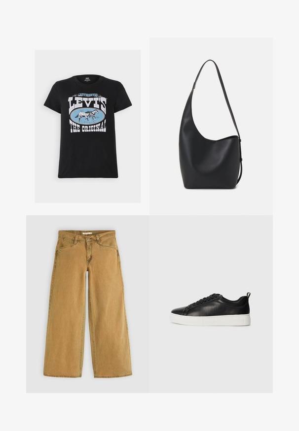 Levi's® THE PERFECT TEE - Trükipildiga T-särk - black; Laia, pruunid denimipüksid kõrge piha ja laia säärega, millel on ees nuppude sulgemine, viis taskut ja kergelt pleekinud viimistlus.; Mustad mustad nahast tossud mustade paeltega ja valge paksu kummitaldaga, vaadatuna välimisest küljest valgel taustal.; Mustast nahast hobo kott, millel on sile tekstuur, kumer kuju ja üks reguleeritav rihm; peal on lai avaus.