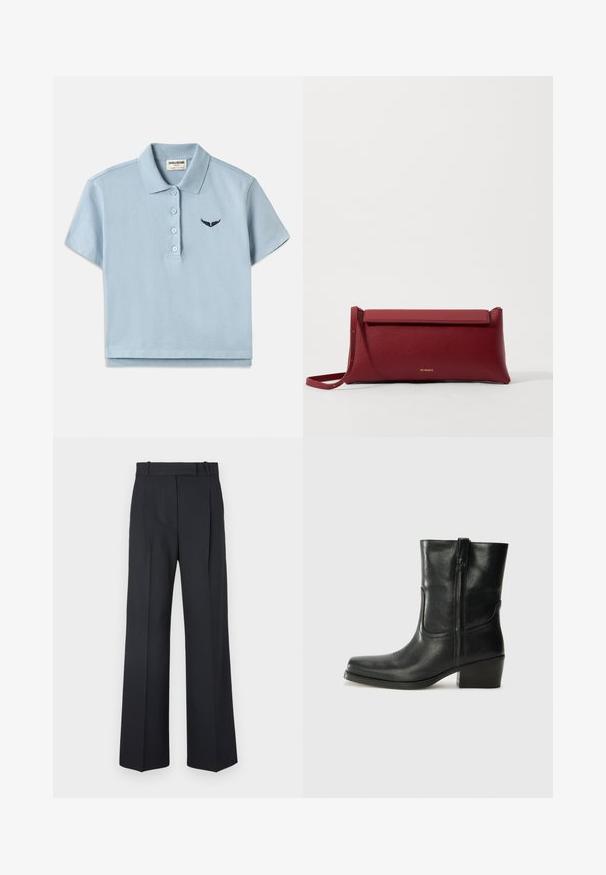 Camisa polo de algodón azul claro con mangas cortas, tapeta de tres botones y un pequeño logo bordado en navy en el pecho. Diseño recortado.; Pantalones oscuros de rayas con un diseño de cintura alta y pierna ancha, sin hardware o adornos visibles. Textura suave y ajuste entallado.; Botín negro de cuero hasta el tobillo con punta redondeada, tacón cuadrado, cremallera lateral y detalles de costura en el empeine. Textura suave, diseño clásico.; Bolso de mano de cuero rojo con un acabado texturizado, que presenta una parte superior plana y un asa corta. Sutil logo de la marca en la parte frontal.