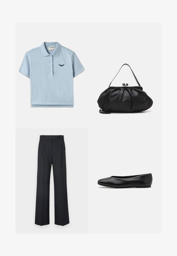Lysblå bomulds polo skjorte med korte ærmer, tre-knaps lukning og et lille marineblåt broderet logo på brystet. Korte design.; Mørkeblå stribede bukser med høj talje, vidde bendesign og ingen synlig hardware eller dekorationer. Glat tekstur og skræddersyet pasform.; Paul Smith TOPANGA - Ballerinasko - black; Sort læderpung med et rundt, plisseret design. Har en metalspænde med to dekorative kugler og et slankt, aftageligt rem.