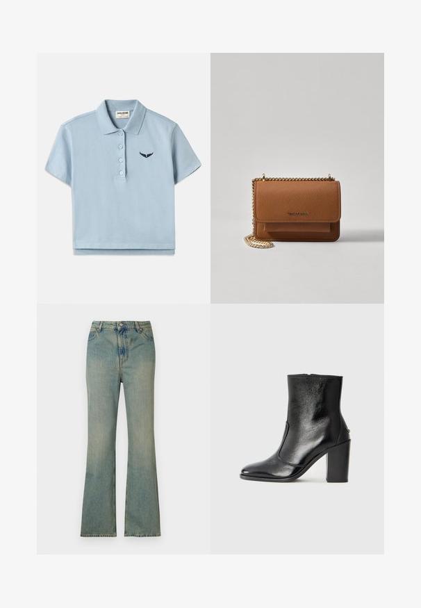 Svijetloplava pamučna polo majica s kratkim rukavima, trodijelni otvor, i mali tamnoplavi vezeni logotip na prsima. Skraćeni dizajn.; Svijetloplave traperflare traperice s visokim strukom, pet džepova i zatvaračem. Čista, izblijedjela završna obrada s suptilnim detaljima šivanja.; Crna kožna čizma do gležnjeva s glatkom teksturom, špicastim vrhom i debelim visokim potpeticama. Ima bočni otvor i minimalistički dizajn.; Smeđa kožna torba preko tijela s teksturom, zlatnim lančićem i preklopom na zatvaranju. Na prednjoj strani nalazi se detalj s potpisom i džep ispod preklopa.
