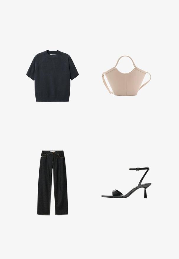Dark gray short-sleeve knit sweater with a crew neck, featuring a loose fit and raglan sleeves, made from a soft, textured fabric.; Dark denim jeans with a straight-cut design, brass button closure, and contrasting yellow stitching. Features five pockets and a classic fit.; Bershka High heeled sandals - black; Beige leather handbag with a unique shape, featuring two short handles and a long adjustable strap. Smooth texture with minimal hardware.