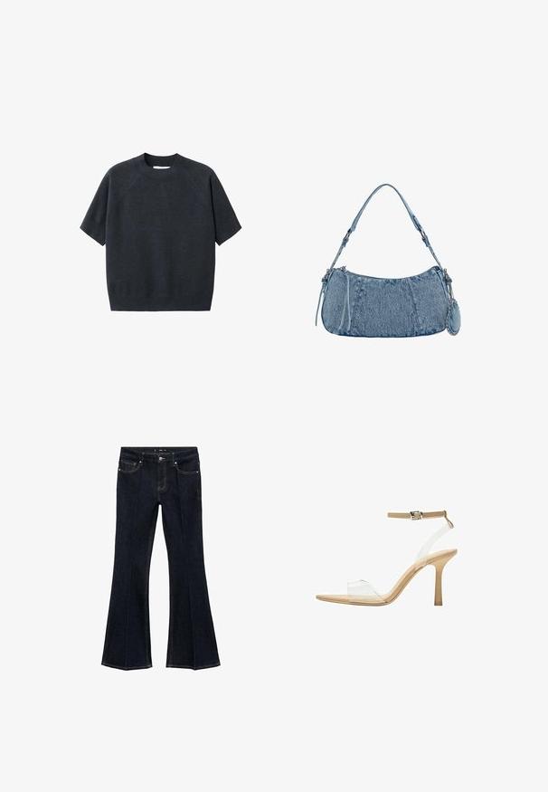 Pulover scurt, gri închis, cu mânecă scurtă și decolteu rotund, cu o croială lejeră și mâneci tip raglan, fabricat dintr-un material moale și texturat.; Jeansi din denim bleu închis, cu talie înaltă, buzunare frontale și picioare evazate, expuși plat pe un fundal alb.; Sandalie cu toc transparent, cu un brad transparent, talpă bej și o curea subțire pentru glezna. Au vârf ascuțit și un toc subțire înalt.; Geantă din denim cu o formă curbată, de culoare albastru deschis, curea de umăr ajustabilă și un mic pouch detașabil cu accente metalice.