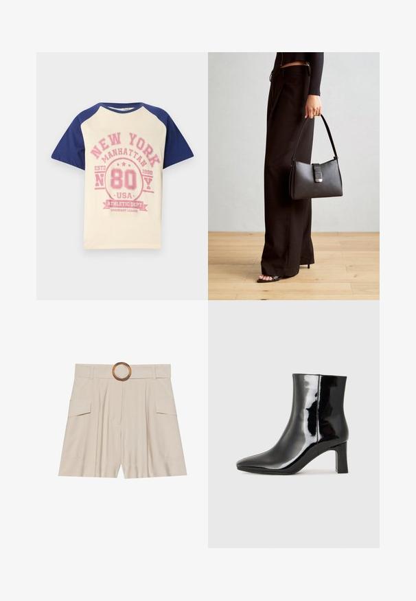 Kreemi värvi T-särk tumesiniste raglanvarrukatega. Omab roosa graafilist printi, kus on kirjas "New York Manhattan 80 USA" ja dekoratiivsed elemendid.; Beežid kõrge vöökohaga lühikesed püksid laia ja lameda vööga, puidust ümmargune klamber, volditud esiosa ja kaks küljetaskut. Sile kangatekstuur.; Must-sinine nahkjalats musta läikiva viimistlusega, millel on terav nina ja keskmise kõrgusega plokk konts. Sile tekstuur ja minimalistik disain.; Must musta kott, millel on struktureeritud kuju, sile tekstuur ja metallist klamber. Kombineeritud laiate mustade pükstega ja avatud varvaste sandaalidega puidust põrandal.