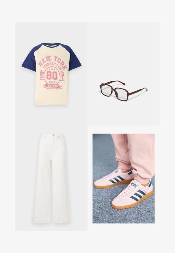Kermanvärinen T-paita, jossa on tummansiniset raglan-hihat. Siinä on vaaleanpunainen grafiikkapainatus, jossa lukee "New York Manhattan 80 USA" sekä koriste-elementtejä.; Valkoiset korkeat leveälahkeiset farkut, jotka on valmistettu denimestä. Ominaisuuksiin kuuluvat etutaskut, nappikiinnitys ja repaleiset helmayksityiskohdat.; Vaaleanpunaiset mokka-tossut, joissa on tummansiniset nahkaviitat ja kumipohja. Ominaisuuksiin kuuluvat litteät nauhat sekä brändäys sivuilla ja kielessä.; Ruske, rektangulære briller med transparente linser og lilla toner. Glatt plastisk ramme med rette stenger og subtile detaljer.; Ruskea nahkainen olkitasku, jossa on kaksinkertaiset kahvat, erottuva ommel ja tilava muotoilu, sopii jokapäiväiseen käyttöön.