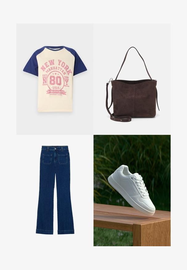 Krèmefarget T-skjorte med marineblå raglanermer. Har et rosa grafisk trykk med teksten "New York Manhattan 80 USA" og dekorative elementer.; Jeans i mørkeblå denim med vide ben, glatt tekstur, fem lommer og knappland i midjen.; Hvite sneakers med en glatt syntetisk overdel, perforert tåboks, flate snørebånd og en teksturert såle, vist på en treflate.; Brun semsket stoff tote-veske med en myk tekstur, som har en enkelt skulderrem og en subtil buet toppåpning. Ingen synlige maskindetaljer.