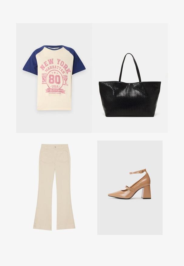 Kremkrāsas T-krekls ar tumši ziliem raglan piedurknēm. Uz tā ir rozā grafiska druka ar uzrakstu "Ņujorka Manhetena 80 ASV" un dekoratīviem elementiem.; Bēšas platākā stila bikses ar augstu jostasvietu, izgatavotas no kokvilnas auduma. Iekļautas priekšējās un aizmugurējās kabatas, jostas cilpas un viena sudraba pogas.; Bēša lakota ādas augstpapēžu kurpes ar smailu purngalu, potītes siksniņu un masīlu kvadrātveida papēdi. Gluda tekstūra ar spīdīgu apdari.; Melnā austā iepirkumu soma ar divām stiprām rokturiem, kas izceļas ar spīdīgu virsmu un plašu atvērtu augšdaļu.
