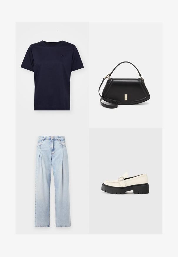 Navyblaue Baumwoll-T-Shirt mit kurzen Ärmeln, Rundhalsausschnitt und einem kleinen strukturierten Logo auf der Brust. Minimalistisches Design und glatte Textur.; Helle blaue Denim-Jeans mit hoher Taille, weitem Beinschnitt, zwei seitlichen Taschen und gefaltetem Design. Weiche Textur mit einem ausgebleichten Finish.; Weißer Lederloafer mit einer klobigen schwarzen Plateausohle, ausgestattet mit einer rechteckigen silbernen Schnalle und sichtbaren Nähten im Obermaterial.; Schwarze Lederhandtasche mit einem strukturierten Design, das eine verkürzte Form, einen oberen Griff und goldfarbene Hardware-Details aufweist. Verstellbarer Schulterriemen ist enthalten.