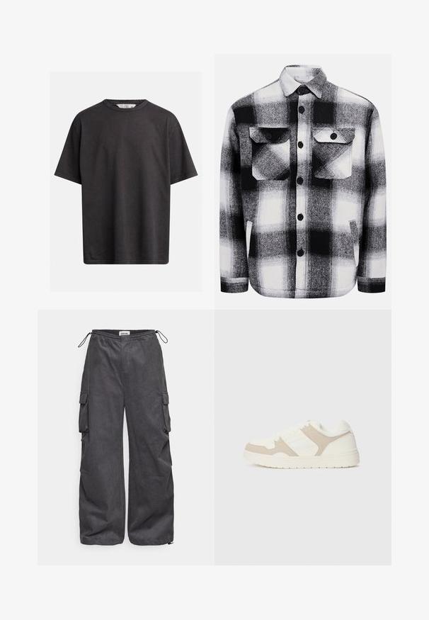 Tumehall puuvillane t-särk ümarate dekolteedega, lühikeste varrukatega ja mugava lõikega. Sisaldab peeneid õmblusdetailide. ; Mustra mustriline abonn tsohk, millel on kaks es Front taskut, nupplukud ja pehme tekstuur. Klassikaline ruuduline muster.; Hallid hallid cargo püksid tekstureeritud kangast, elastse ning köiega vöökoha ja külje taskute detailidega. Lõdva istumisega, laiad sääred.; Valge ja beež treeningjalats, millel on sujuvad ja sametised tekstuurid, ümar varvas, lukk nööbid ja tasane kummist tald.