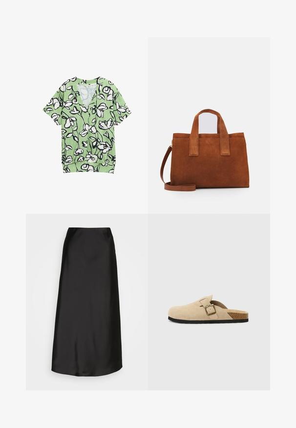 Top scurt verde cu mâneci scurte și decolteu în V, având un model floral alb-negru și un fundal texturat. Design lejer și casual.; Fustă midi din satin negru, cu o textură fină, formă A-line și un luciu subtil. Are un design elegant, simplu, fără embellishments.; Saboti din suede bej, cu talpă din plută, vârf rotunjit și o curea simplă cu cataramă aurie. Talpă din cauciuc pentru aderență.; Geantă de mână din nubuc maro, cu două mânere superioare și o curea de umăr ajustabilă. Are o formă structurată și un design minimal.