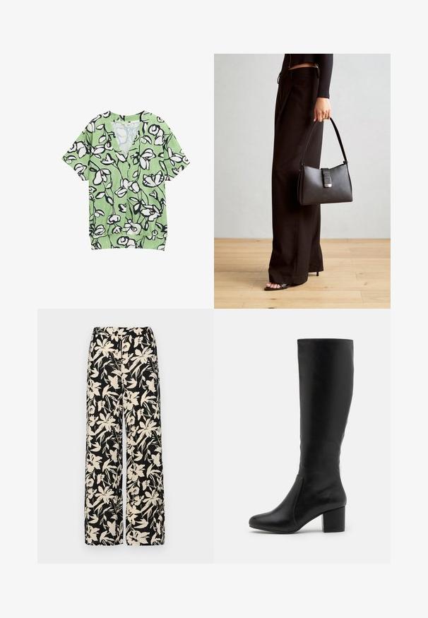 Blusa verde de manga corta con escote en V, que presenta un patrón floral en blanco y negro y un fondo texturizado. Diseño casual y de corte suelto.; Pantalones de pierna ancha negros con un patrón floral crema. Fabricados en un tejido ligero, con una textura suave y una cintura alta.; Botas de cuero negras hasta la rodilla con una textura suave, punta redondeada, panel lateral y un tacón grueso tipo bloque.; Bolso negro con forma estructurada, textura suave y un cierre metálico. Combinado con pantalones anchos negros y sandalias de dedo en un suelo de madera.