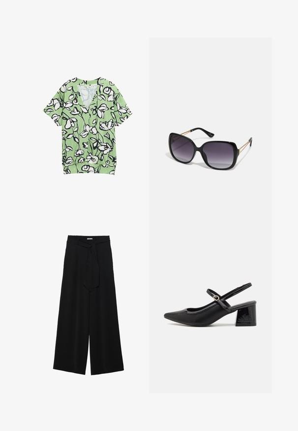 Grøn kortærmet top med V-hals, prydet med et sort-hvidt blomstermønster og en struktureret baggrund. Casual og løs pasform.; Sorte vide bukser i en tekstureret stofkvalitet, med elastisk talje og et aftageligt bånd i taljen for justerbar pasform.; Sorte patentlæder slingback hæle med spids tå, rund udskæring og blokhæl. Har en guldtonet spændeaccents.; Sorte oversized solbriller med gradientlinser, tykke stel og guldfarvet kæde detaljer på tempelarmene.; Brun ruskinds tote taske med en blød overflade, åben top og en enkelt skulderrem. Har en glat finish og minimal detaljer.