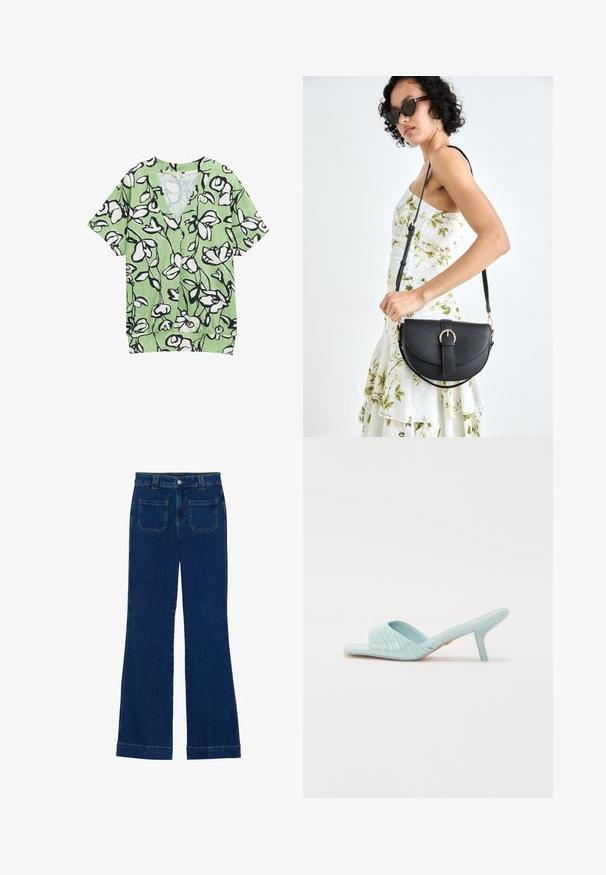 Roheline lühikeste varrukatega särk V-kaelusega, millel on must-valge lillemuster ja tekstureeritud taust. Igapäevane ja vabalt langev disain.; Tumedat sinised flared teksad, millel on sile tekstuur, viie tasku disain ja nupuga kinnitamine vööl.; Hele sinine kontsaga, millel on krokodillimuster, avatud varvas ja kitsas stiilett. Sile läikiv viimistlus ilma dekoratsioonideta.; Mustmust mustraha kõverate joontega, eemaldatava rihmaga ja kuldsete detailidega. Kotil on klapp, millel on pandladetail.