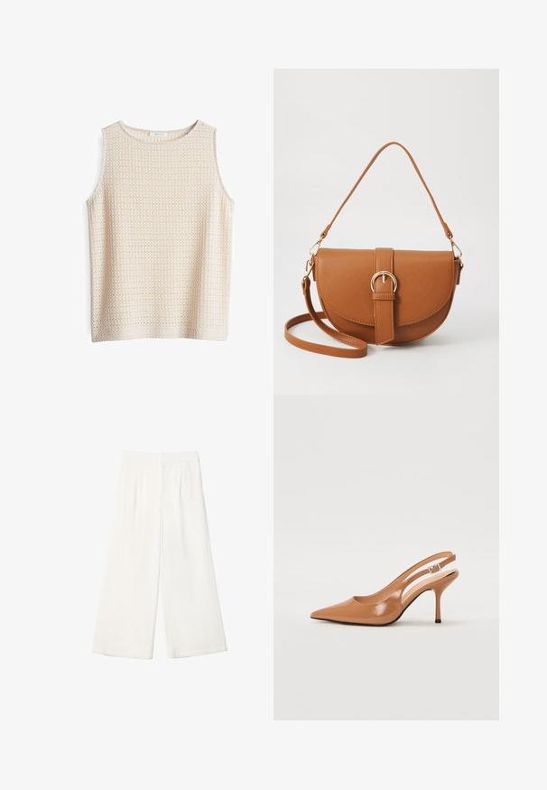 Helles beige ärmelloses Oberteil mit einem strukturierten Strickmuster, runder Ausschnitt und lockerem Schnitt. Weicher Stoff mit subtilen Details.; Helle, weite Hose aus glattem Stoff. Verfügt über einen flachen Bund und vertikale Falten für zusätzliche Details.; Spitz zulaufender Slingback-Absatz aus einem glatten, glänzenden, tanfarbenen Material. Mit einem geschwungenen Ausschnitt-Design und einem schlanken Stiletto-Absatz. Silberne Schnallendetails.; Braune Leder-Crossbody-Tasche mit geschwungener Form, goldfarbenen Beschlägen und einer Schnallenakzentuierung. Verfügt über einen abnehmbaren Schultergurt.