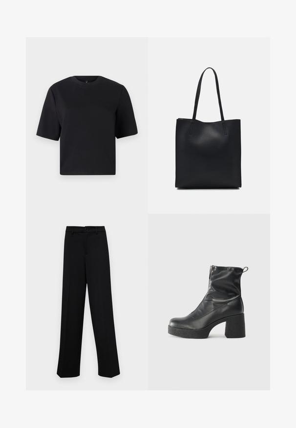 Black short-sleeve t-shirt, round neckline, made from smooth cotton fabric; relaxed fit, minimal design, no visible patterns or accents.; Black wide-leg trousers made of smooth fabric, featuring a classic waistband with a button closure and front pleats.; Black ankle boots made of smooth leather, featuring a side zipper, chunky textured heel, and rounded toe design.; Black leather tote bag with smooth texture, rectangular shape, and two long handles. No visible hardware or embellishments.